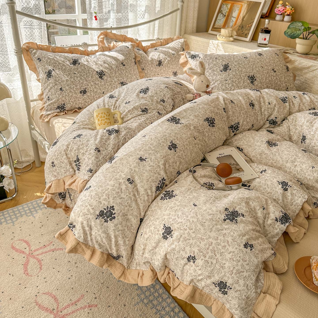 91家纺网 家纺一手货源 找家纺 颜选 2025新款全棉双层纱花边面料木棉四件套 黛锦-全棉花边双层纱