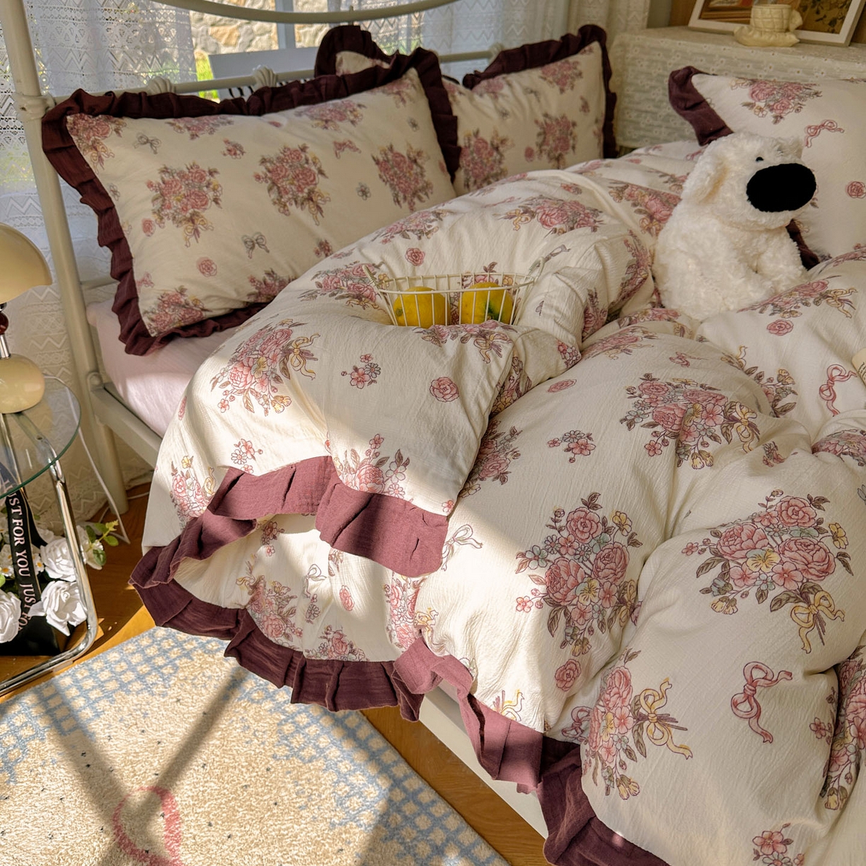 91家纺网 家纺一手货源 找家纺 颜选 2025新款全棉双层纱花边面料木棉四件套 淡雅花笺-全棉花边双层纱