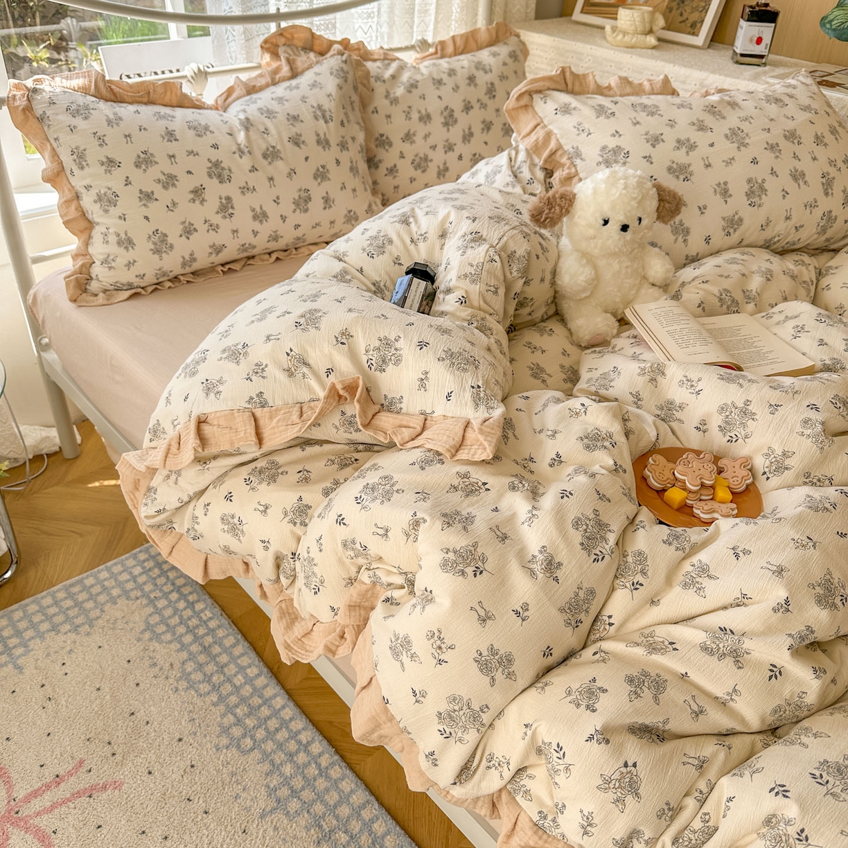 91家纺网 家纺一手货源 找家纺 颜选 2025新款全棉双层纱花边面料木棉四件套 素笺花语-全棉花边双层纱