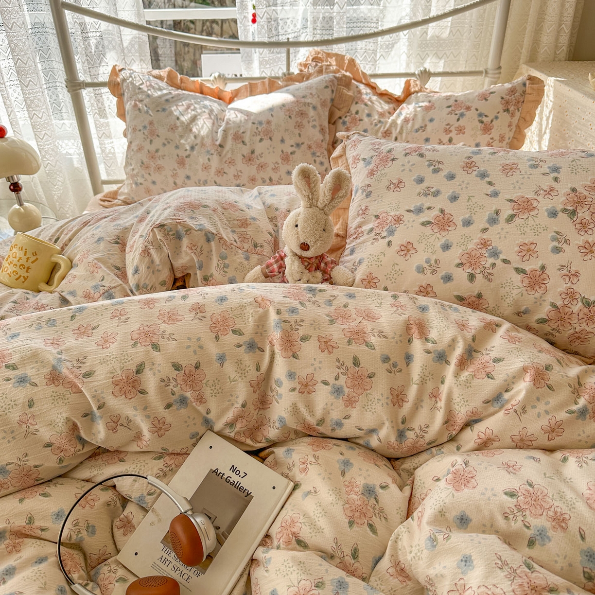 91家纺网 家纺一手货源 找家纺 颜选 2025新款全棉双层纱花边面料木棉四件套 秋叶-全棉花边双层纱