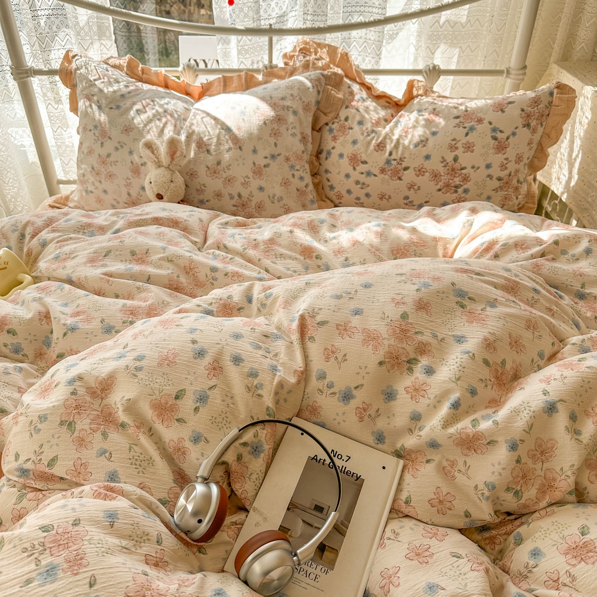 91家纺网 家纺一手货源 找家纺 颜选 2025新款全棉双层纱花边面料木棉四件套 秋叶-全棉花边双层纱