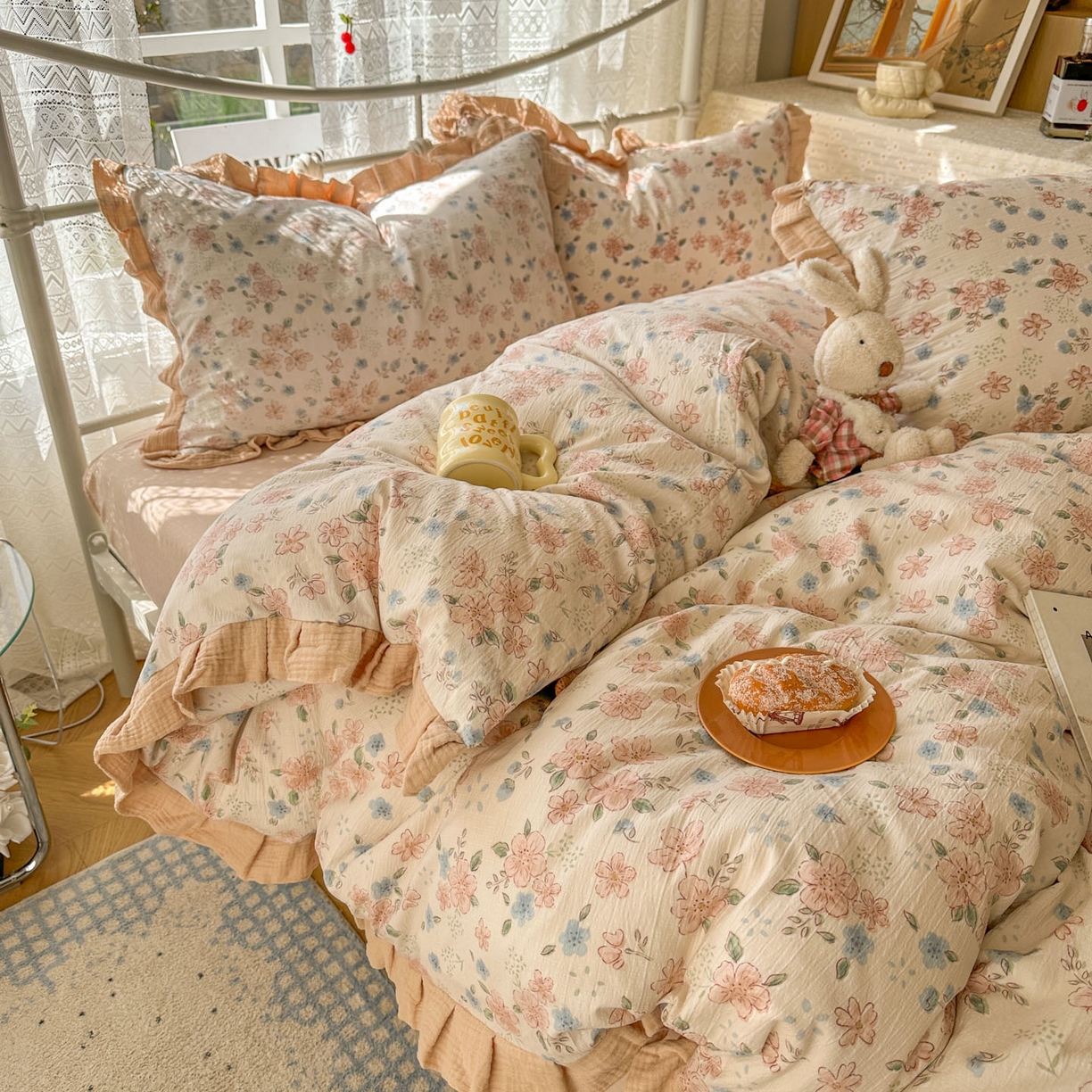 91家纺网 家纺一手货源 找家纺 颜选 2025新款全棉双层纱花边面料木棉四件套 秋叶-全棉花边双层纱