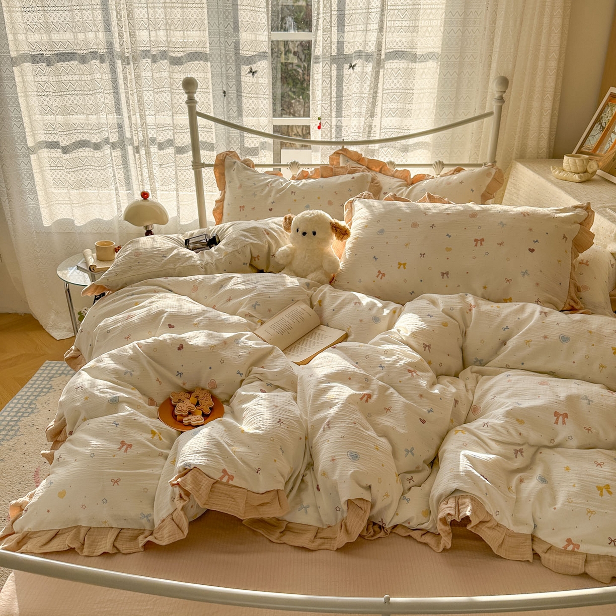 91家纺网 家纺一手货源 找家纺 颜选 2025新款全棉双层纱花边面料木棉四件套 星月-全棉花边双层纱