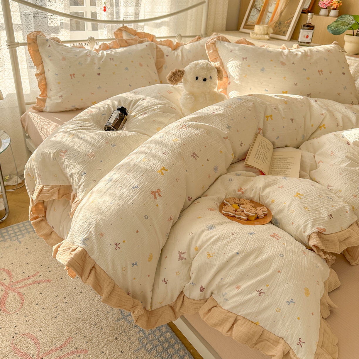 91家纺网 家纺一手货源 找家纺 颜选 2025新款全棉双层纱花边面料木棉四件套 星月-全棉花边双层纱