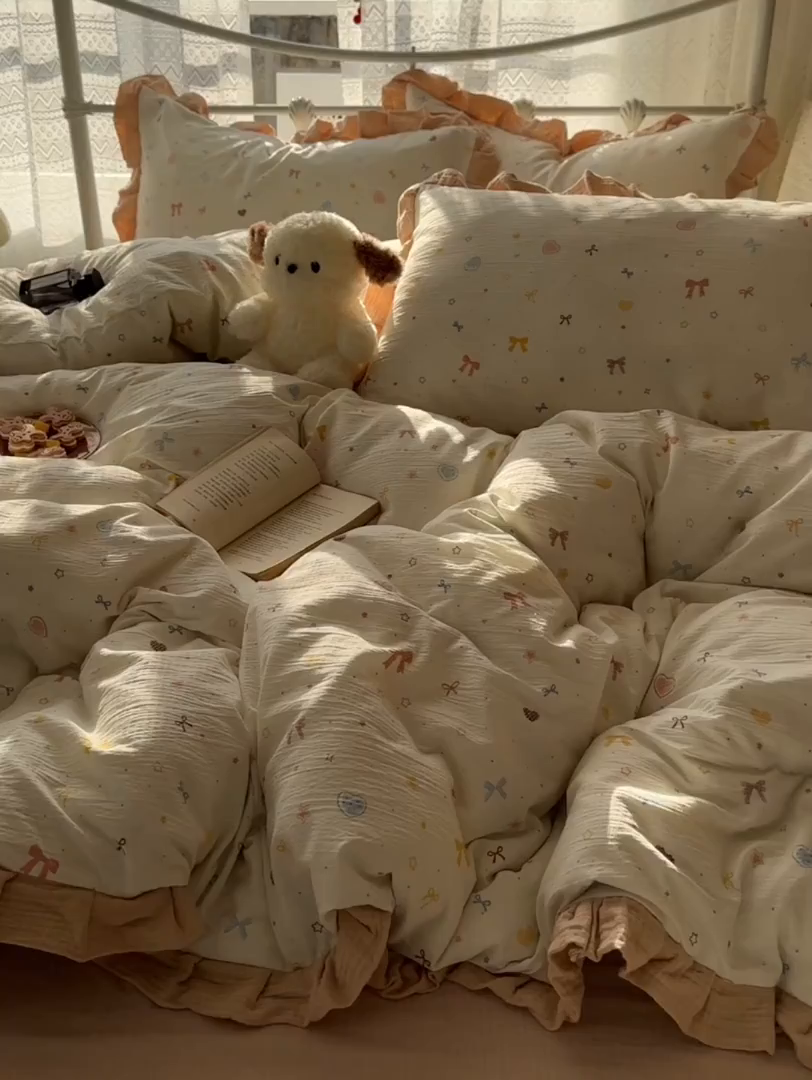 91家纺网 家纺一手货源 找家纺 颜选 2025新款全棉双层纱花边面料木棉四件套 星月-全棉花边双层纱