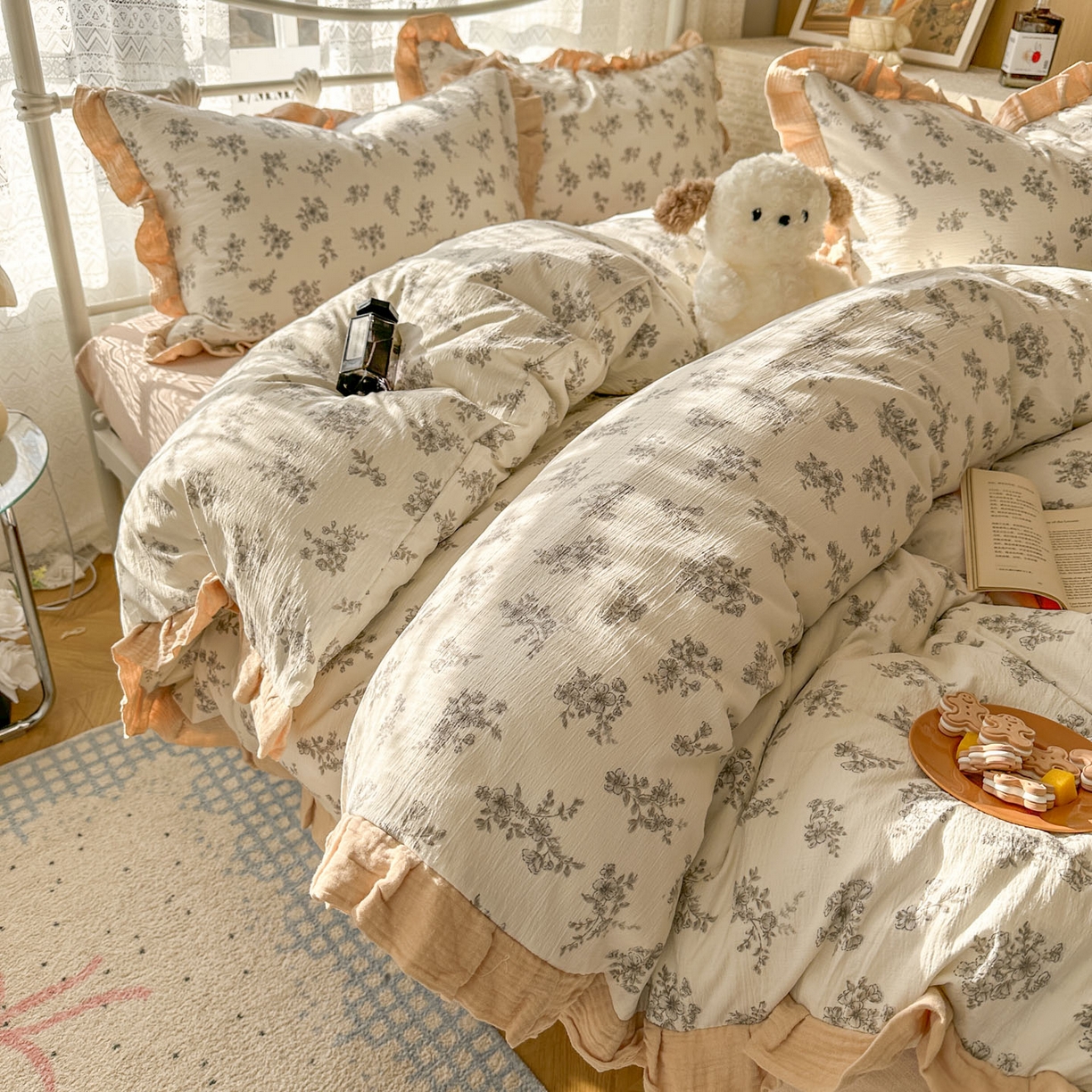 91家纺网 家纺一手货源 找家纺 颜选 2025新款全棉双层纱花边面料木棉四件套 夏铭-全棉花边双层纱