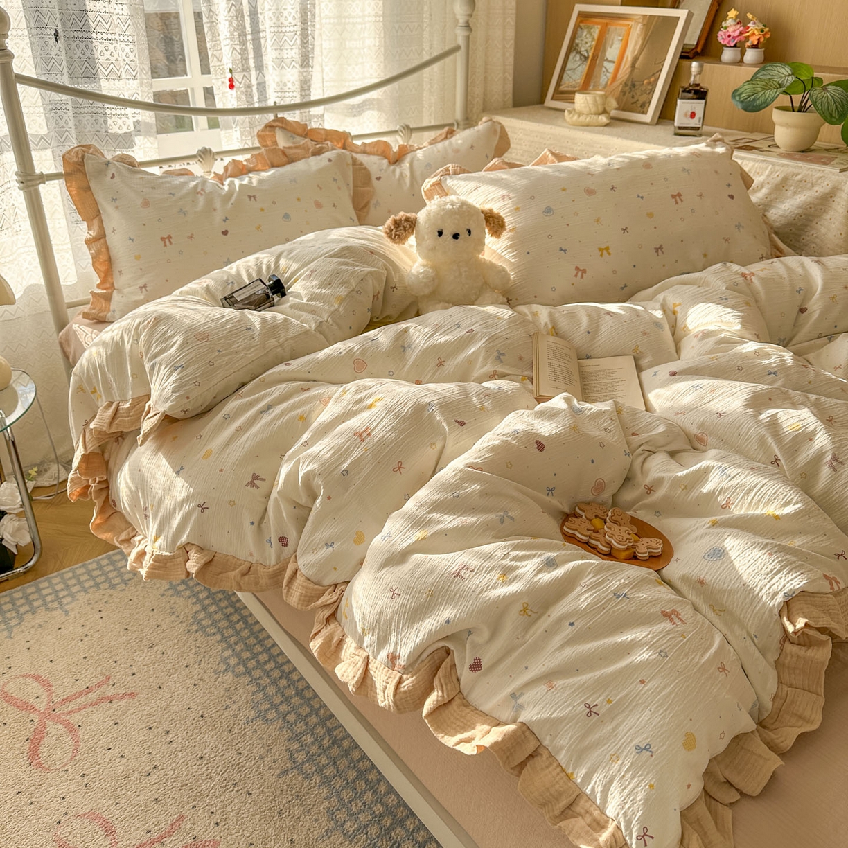 91家纺网 家纺一手货源 找家纺 颜选 2025新款全棉双层纱花边面料木棉四件套 星月-全棉花边双层纱