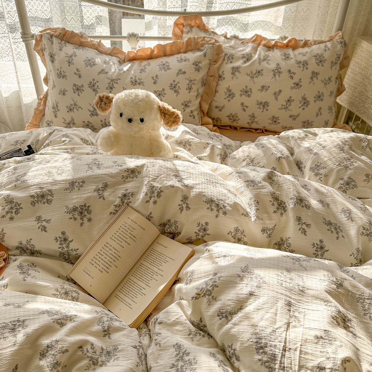 91家纺网 家纺一手货源 找家纺 颜选 2025新款全棉双层纱花边面料木棉四件套 夏铭-全棉花边双层纱