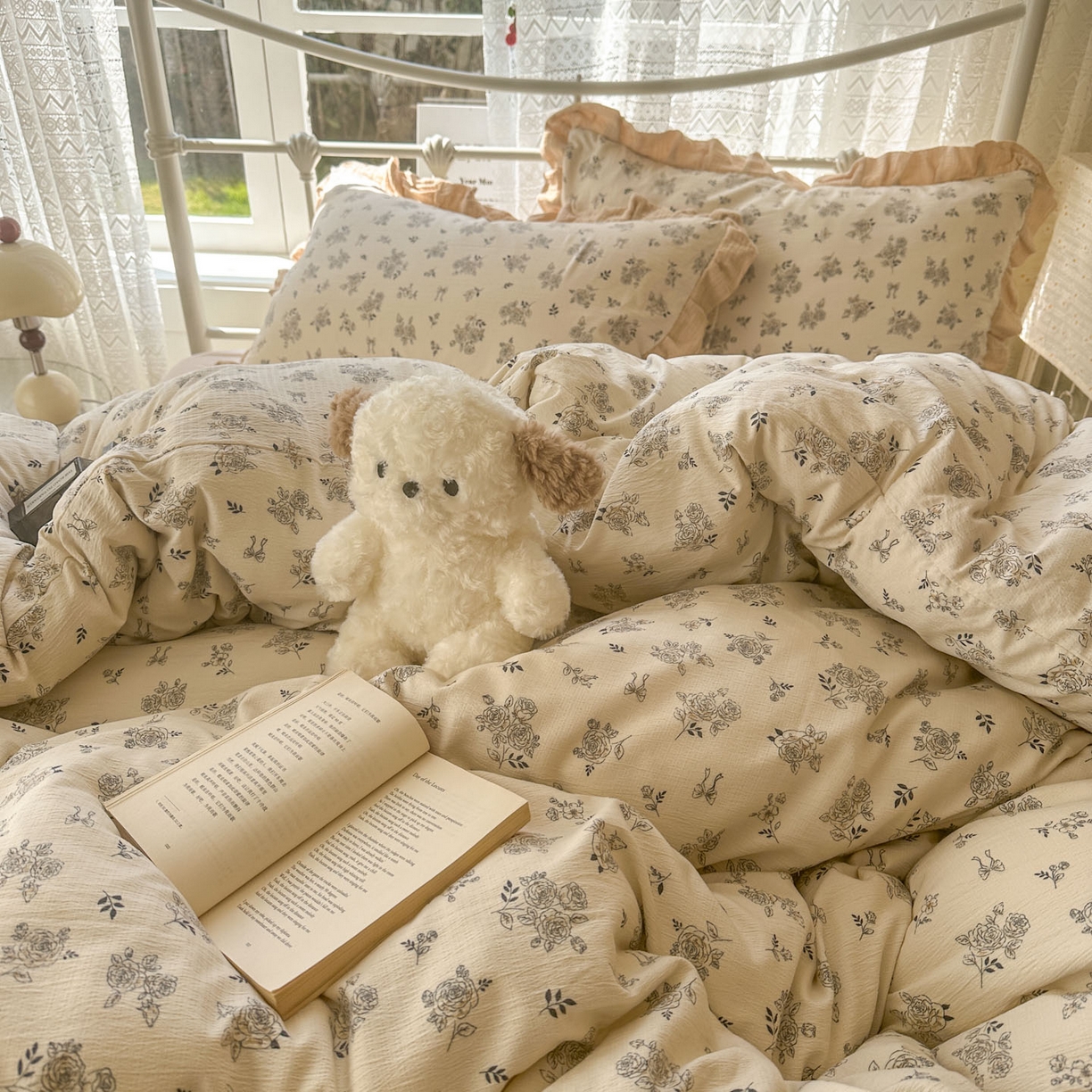 91家纺网 家纺一手货源 找家纺 颜选 2025新款全棉双层纱花边面料木棉四件套 素笺花语-全棉花边双层纱