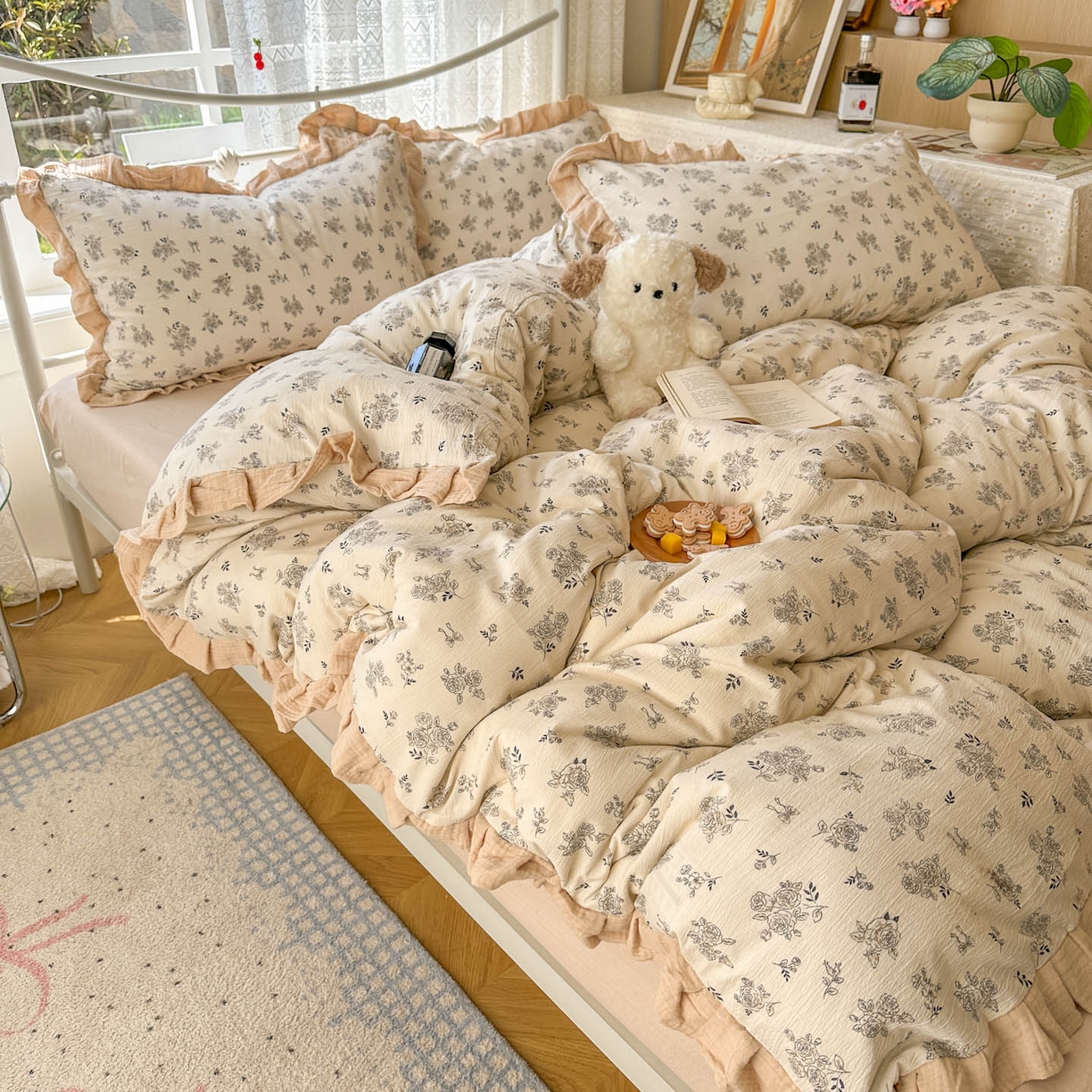 91家纺网 家纺一手货源 找家纺 颜选 2025新款全棉双层纱花边面料木棉四件套 素笺花语-全棉花边双层纱