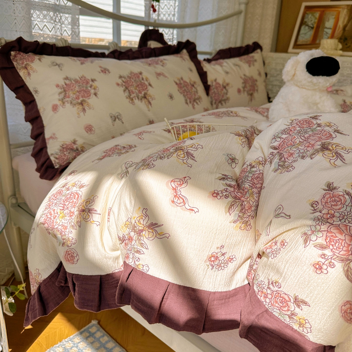 91家纺网 家纺一手货源 找家纺 颜选 2025新款全棉双层纱花边面料木棉四件套 淡雅花笺-全棉花边双层纱