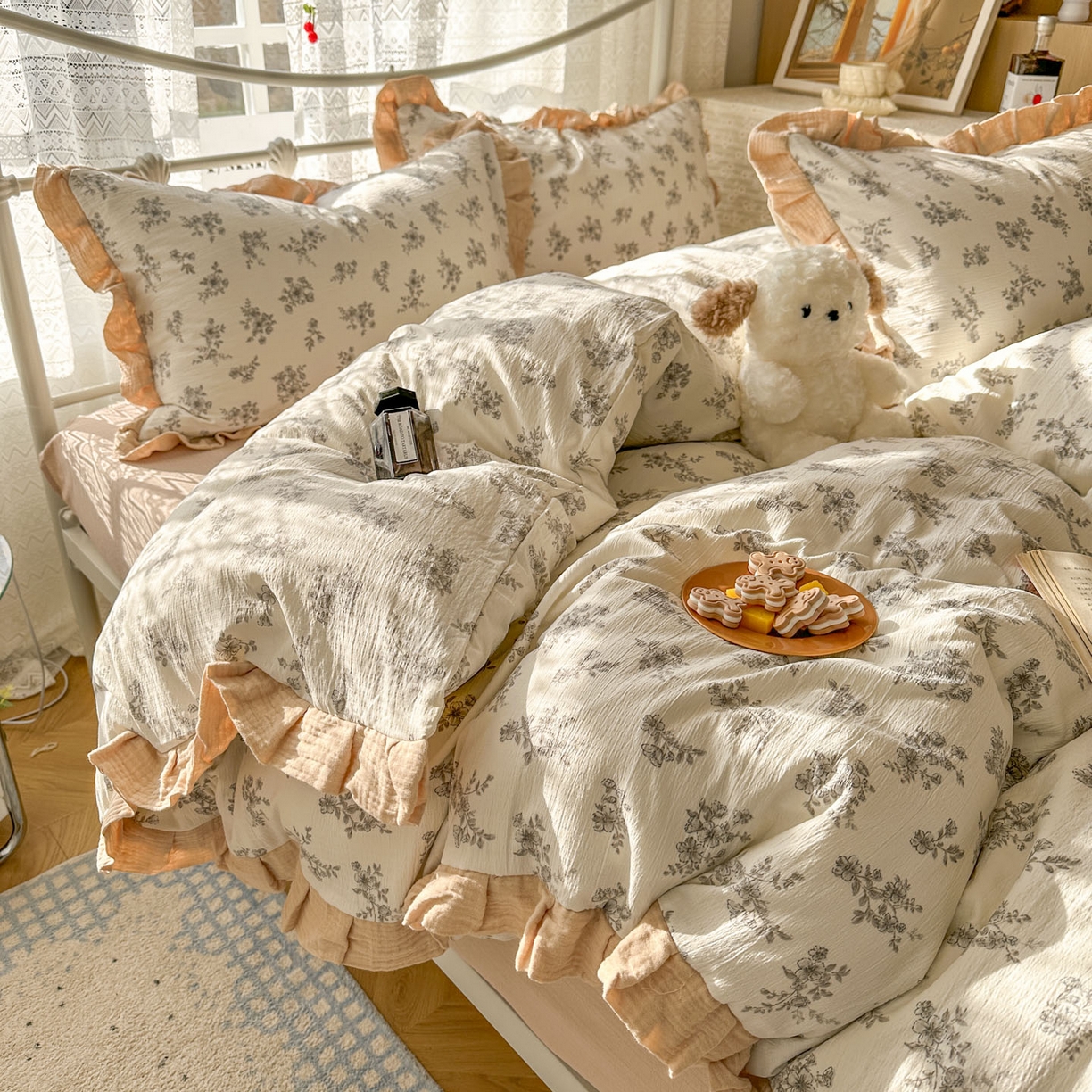 91家纺网 家纺一手货源 找家纺 颜选 2025新款全棉双层纱花边面料木棉四件套 夏铭-全棉花边双层纱