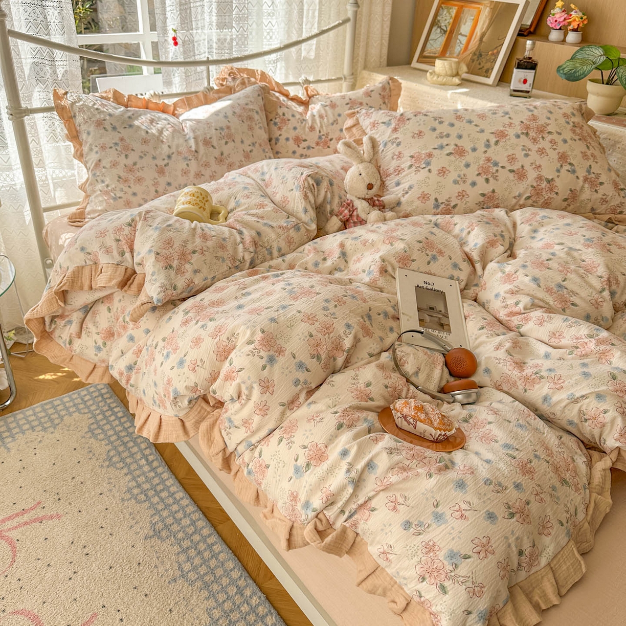 91家纺网 家纺一手货源 找家纺 颜选 2025新款全棉双层纱花边面料木棉四件套 秋叶-全棉花边双层纱