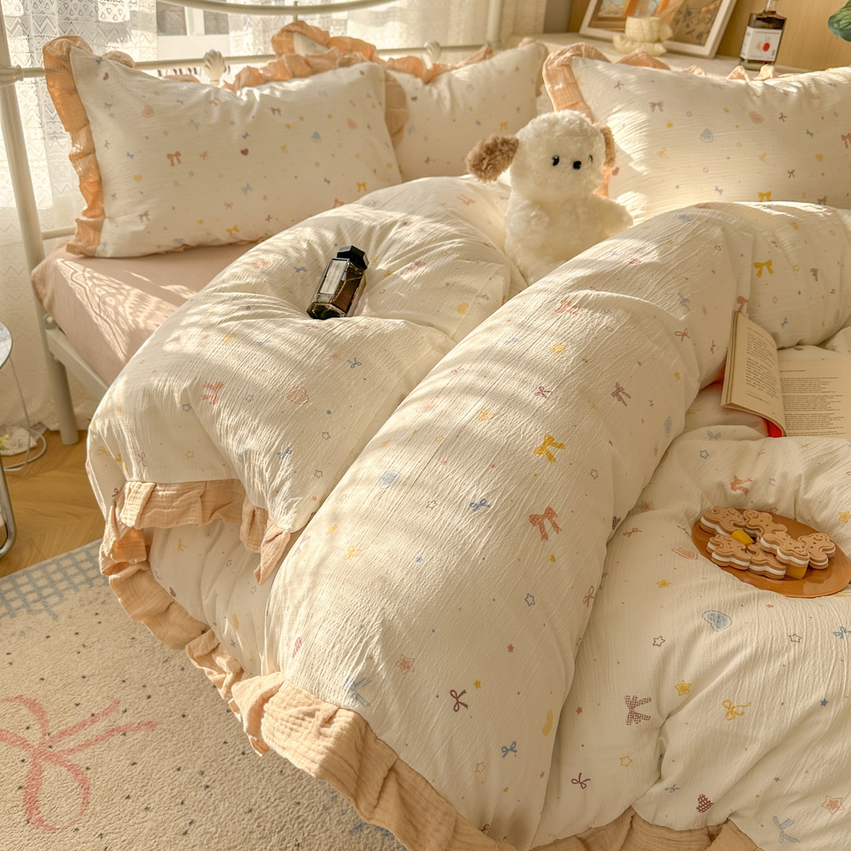 91家纺网 家纺一手货源 找家纺 颜选 2025新款全棉双层纱花边面料木棉四件套 星月-全棉花边双层纱