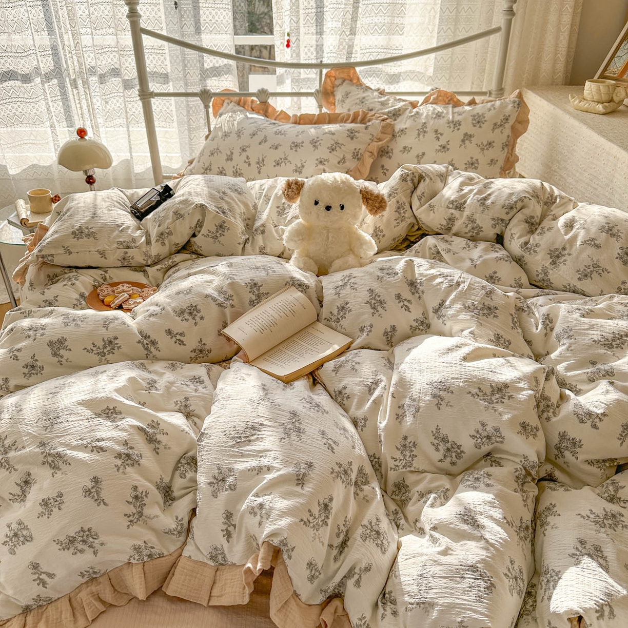 91家纺网 家纺一手货源 找家纺 颜选 2025新款全棉双层纱花边面料木棉四件套 夏铭-全棉花边双层纱