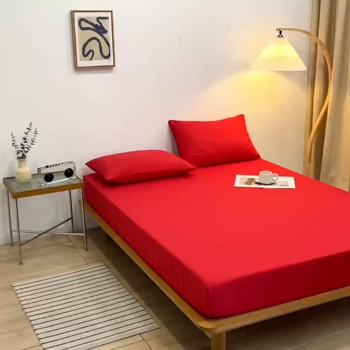 91家纺网 家纺一手货源 找家纺 啊雅家居 2025（外贸）新款简约单人床笠双人床笠水洗磨毛床笠跨境电商 红色