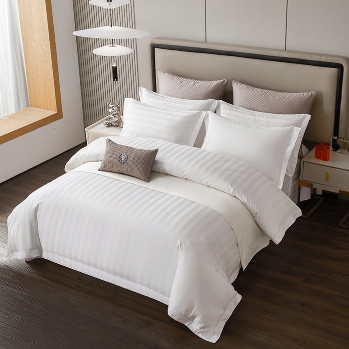 91家纺网 家纺一手货源 找家纺 （总）啊雅家居 2025新款全棉缎条40支宾馆民宿枕套床单被套床笠四套件