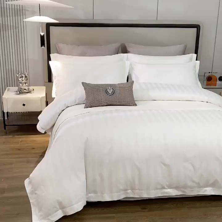91家纺网 家纺一手货源 找家纺 （总）啊雅家居 2025新款全棉缎条40支宾馆民宿枕套床单被套床笠四套件