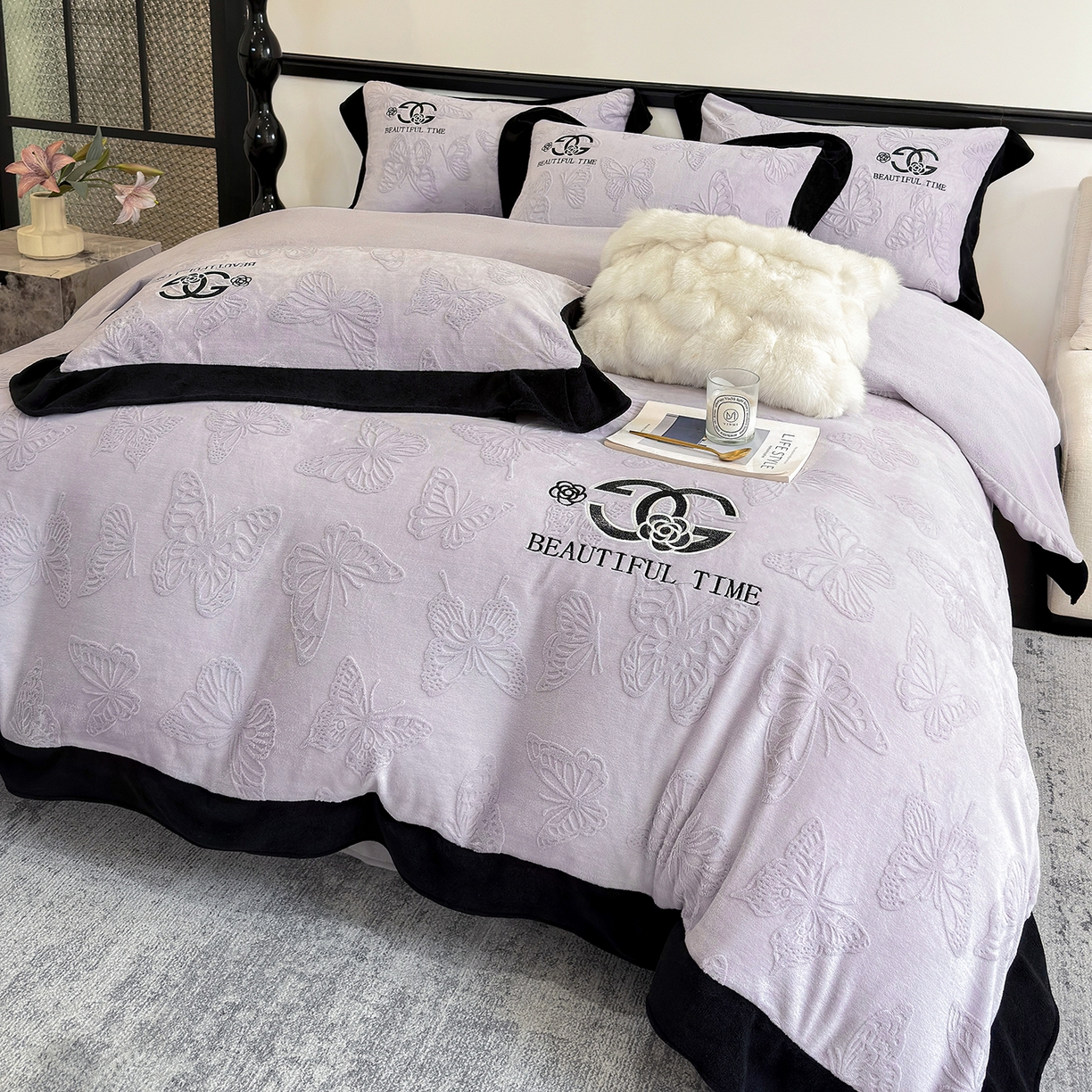 优眠坊 2025新款雕花牛奶绒绣花四件套 蝴蝶-紫