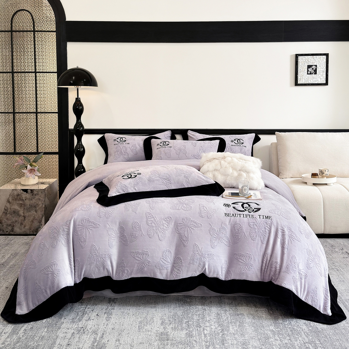 91家纺网 家纺一手货源 找家纺 优眠坊 2025新款雕花牛奶绒绣花四件套 蝴蝶-紫