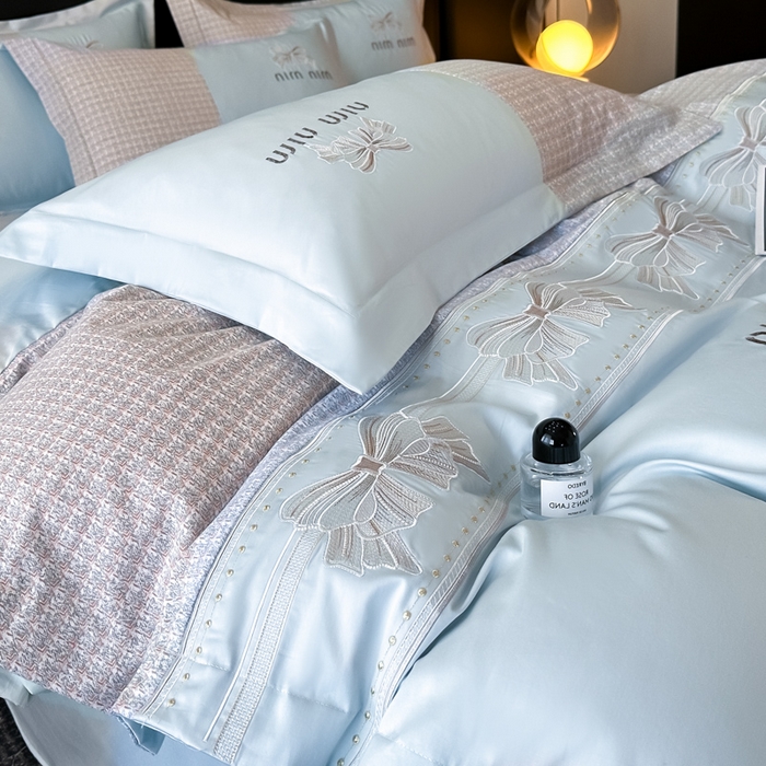 91家纺网 家纺一手货源 找家纺 优眠坊 2025新款全棉肌理纹绣花四件套-雅菲系列 雅菲-蓝