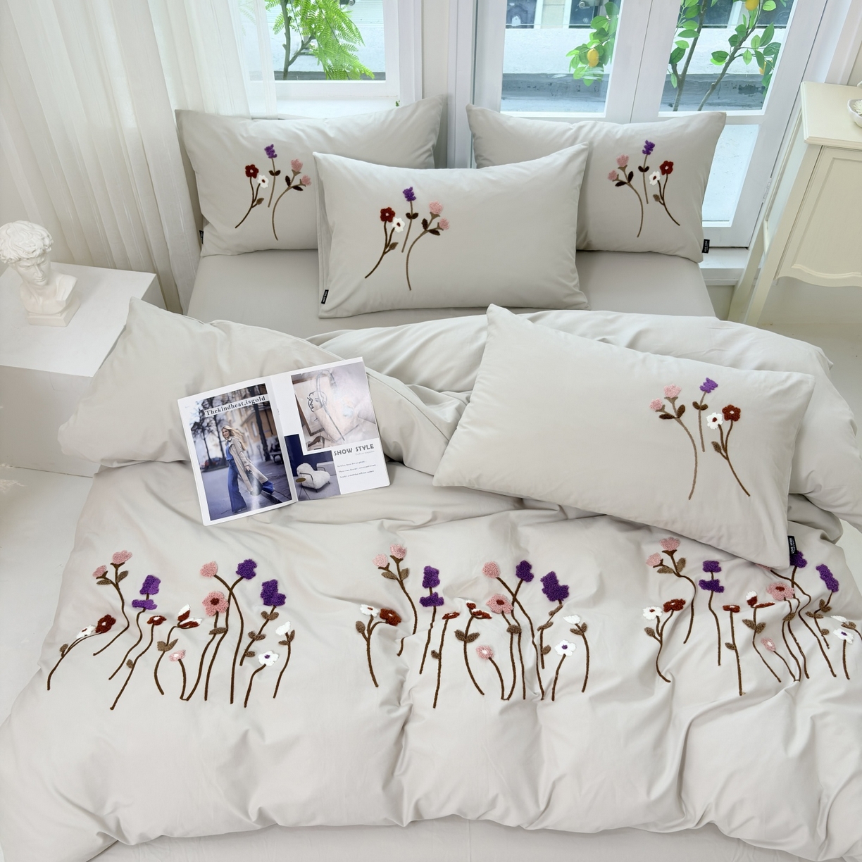 91家纺网 家纺一手货源 找家纺 未来家居 2025新款秋冬全棉加厚磨毛纯色毛巾绣花款工艺四件套 薰衣草-绿