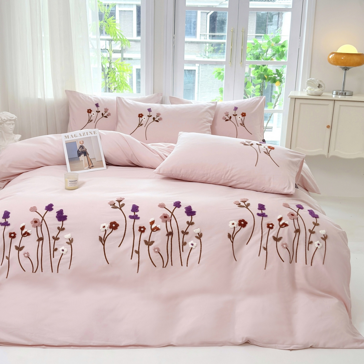 91家纺网 家纺一手货源 找家纺 未来家居 2025新款秋冬全棉加厚磨毛纯色毛巾绣花款工艺四件套 薰衣草-粉