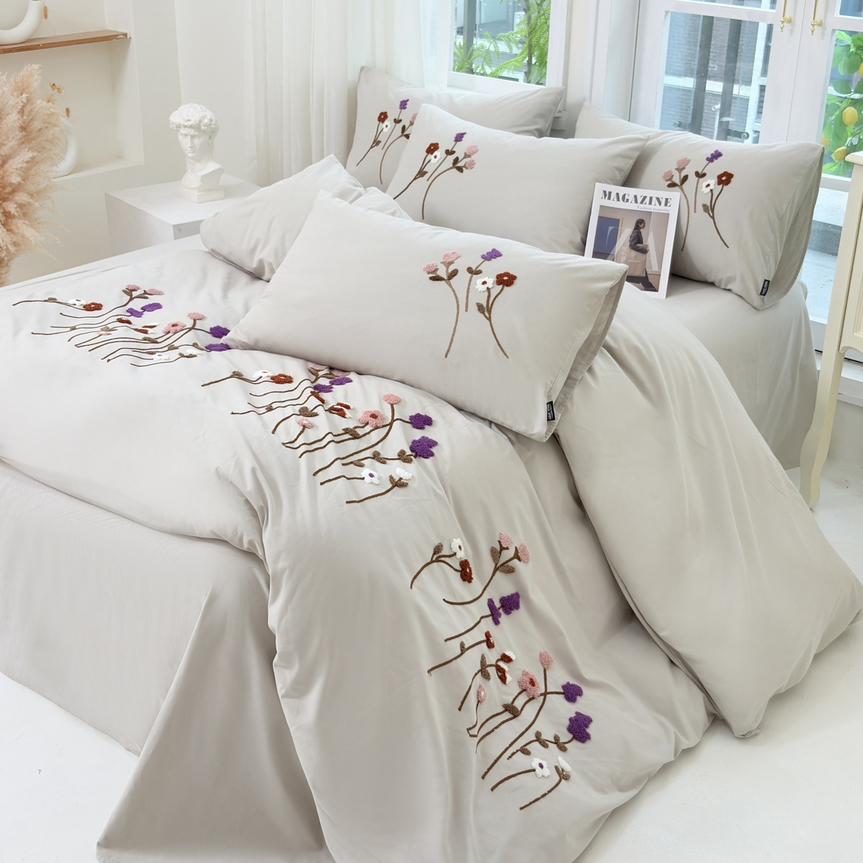 91家纺网 家纺一手货源 找家纺 未来家居 2025新款秋冬全棉加厚磨毛纯色毛巾绣花款工艺四件套 薰衣草-绿