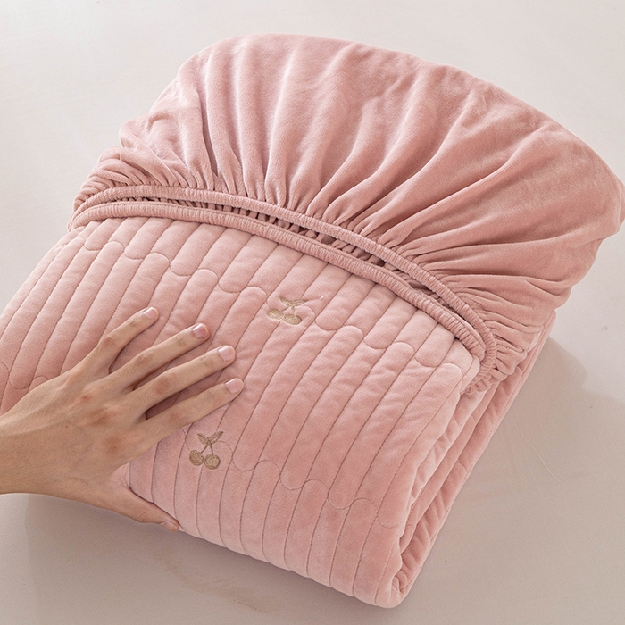 沐纯家居 2025新款婴儿绒樱桃刺绣夹棉床笠 单件床笠 藕粉色