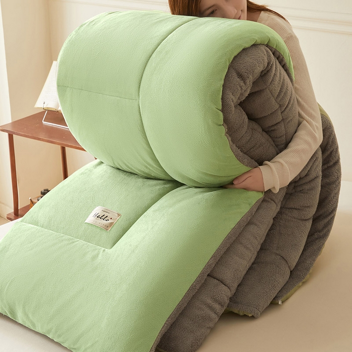 91家纺网 家纺一手货源 找家纺 雅颂缘2025新款牛奶绒冬被外贸跨境果绿拼灰