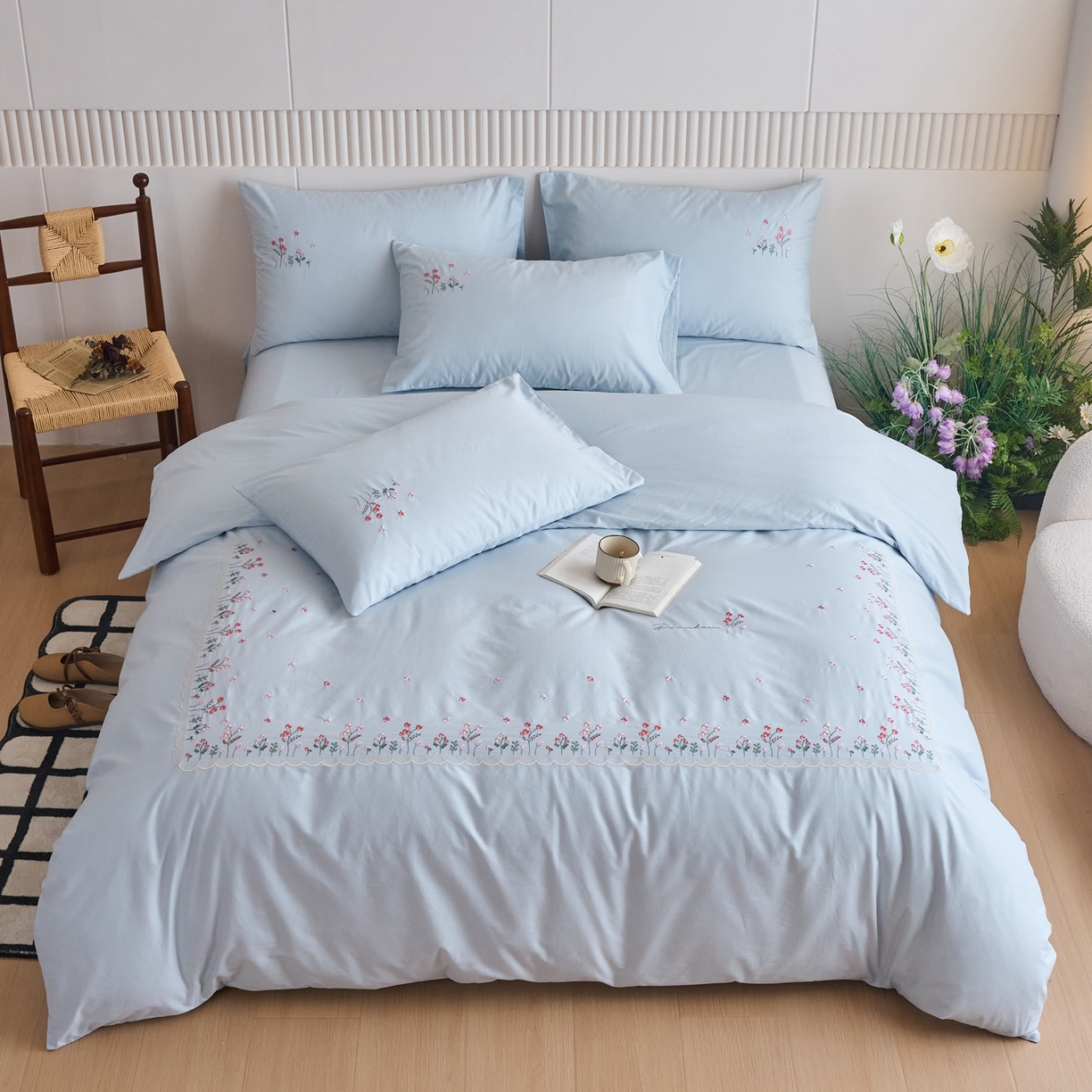 悦然毛巾被 2025新款全棉纯棉斜纹毛巾绣四件套 春色满园蓝色