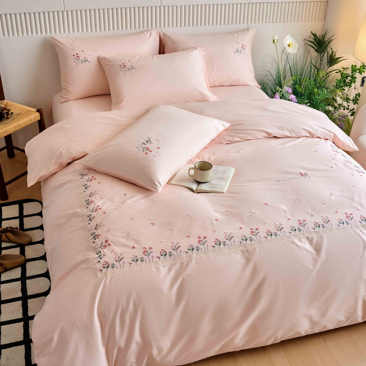 91家纺网 家纺一手货源 找家纺 悦然毛巾被 2025新款全棉纯棉斜纹毛巾绣四件套 春色满园粉色