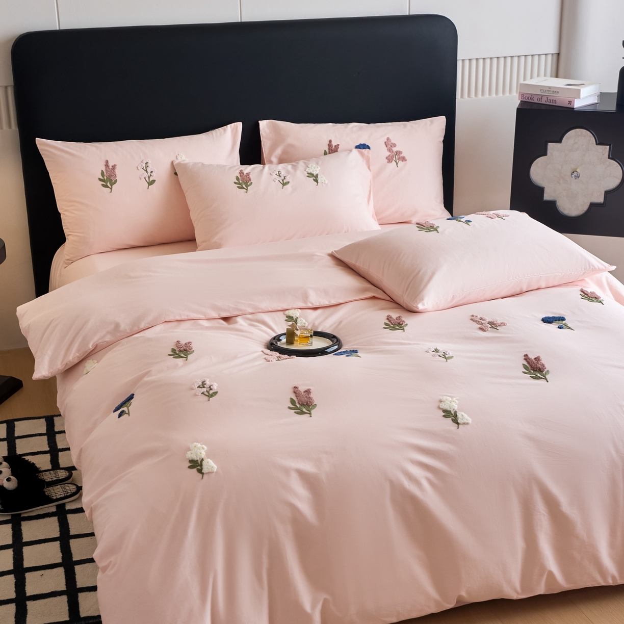 91家纺网 家纺一手货源 找家纺 悦然毛巾被 2025新款全棉纯棉斜纹毛巾绣四件套 浪漫花香-粉