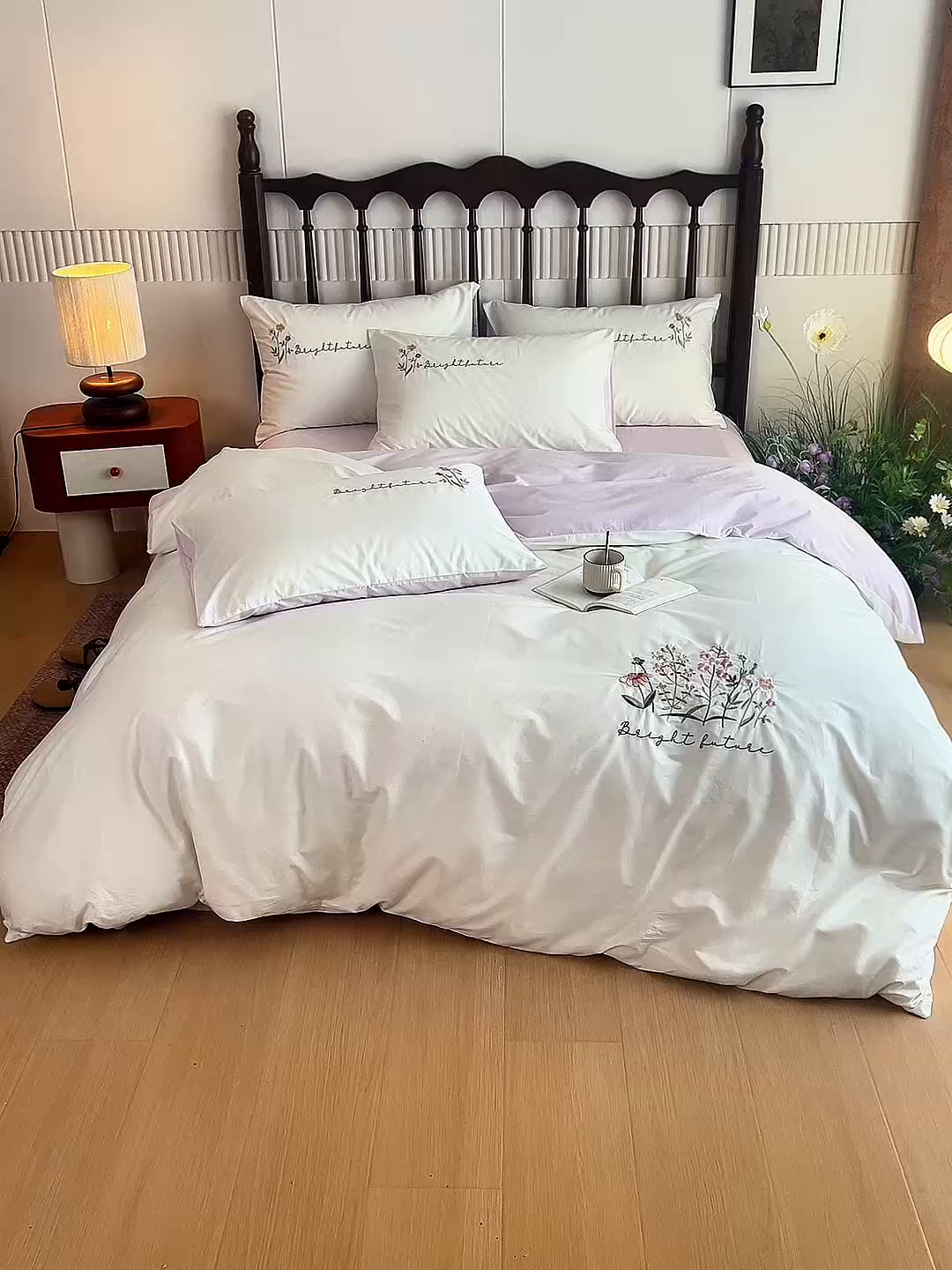 91家纺网 家纺一手货源 找家纺 悦然毛巾被 2025新款全棉纯棉斜纹毛巾绣四件套 花语情怀白+紫