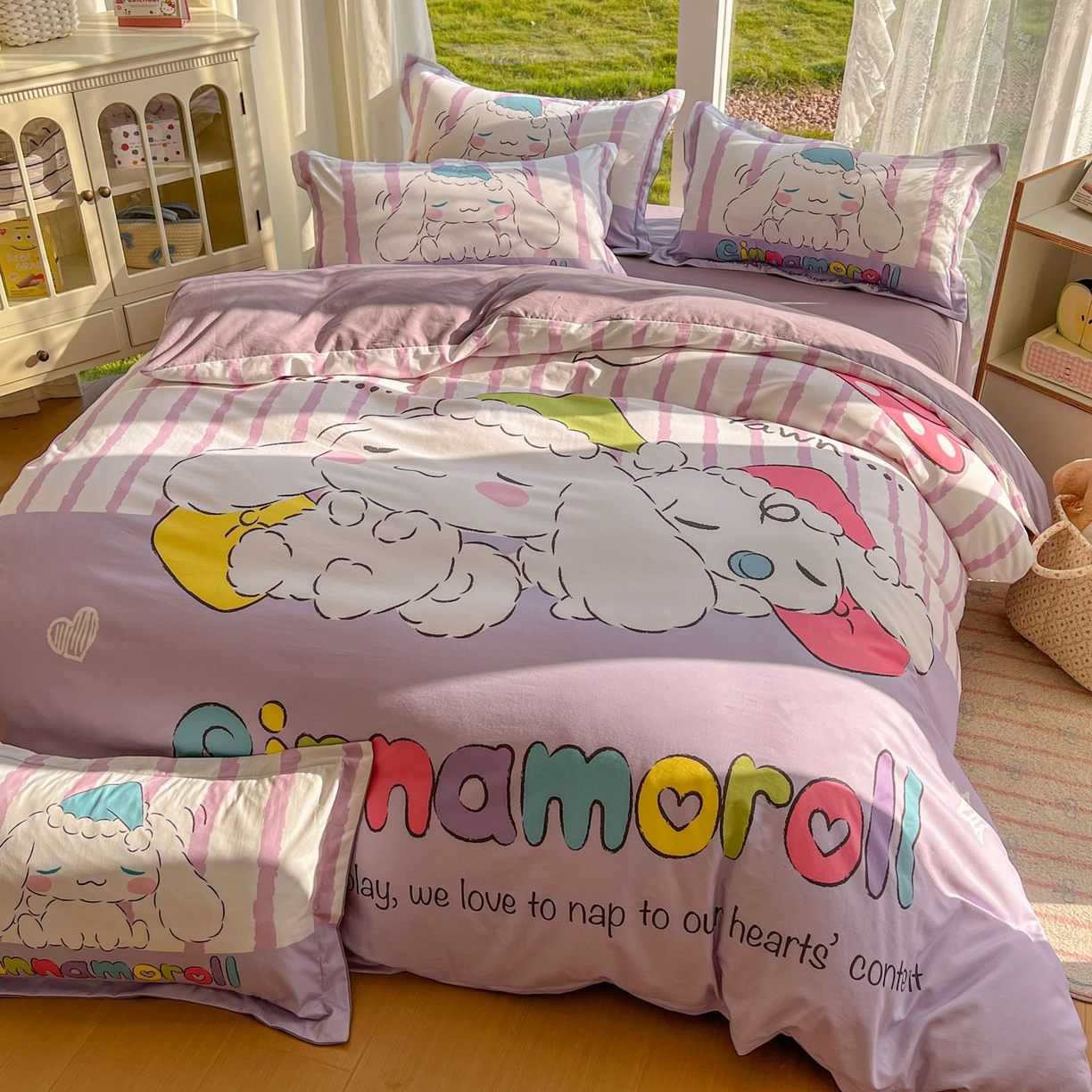 91家纺网 家纺一手货源 找家纺 浩诚 2025新款三丽鸥专版全棉磨毛纯棉四件套 条纹玉桂狗