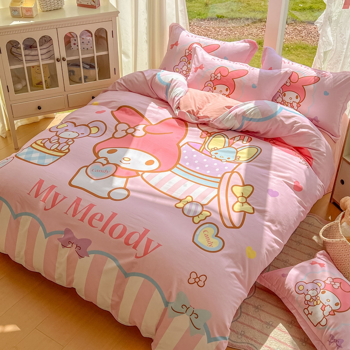 91家纺网 家纺一手货源 找家纺 浩诚 2025新款三丽鸥专版全棉磨毛纯棉四件套 开心美乐蒂