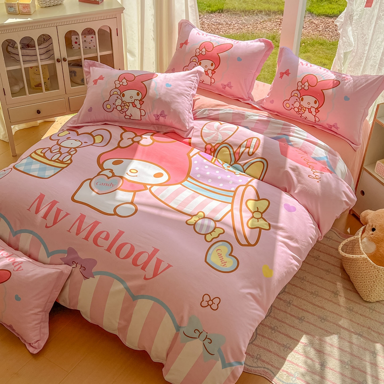 91家纺网 家纺一手货源 找家纺 浩诚 2025新款三丽鸥专版全棉磨毛纯棉四件套 开心美乐蒂