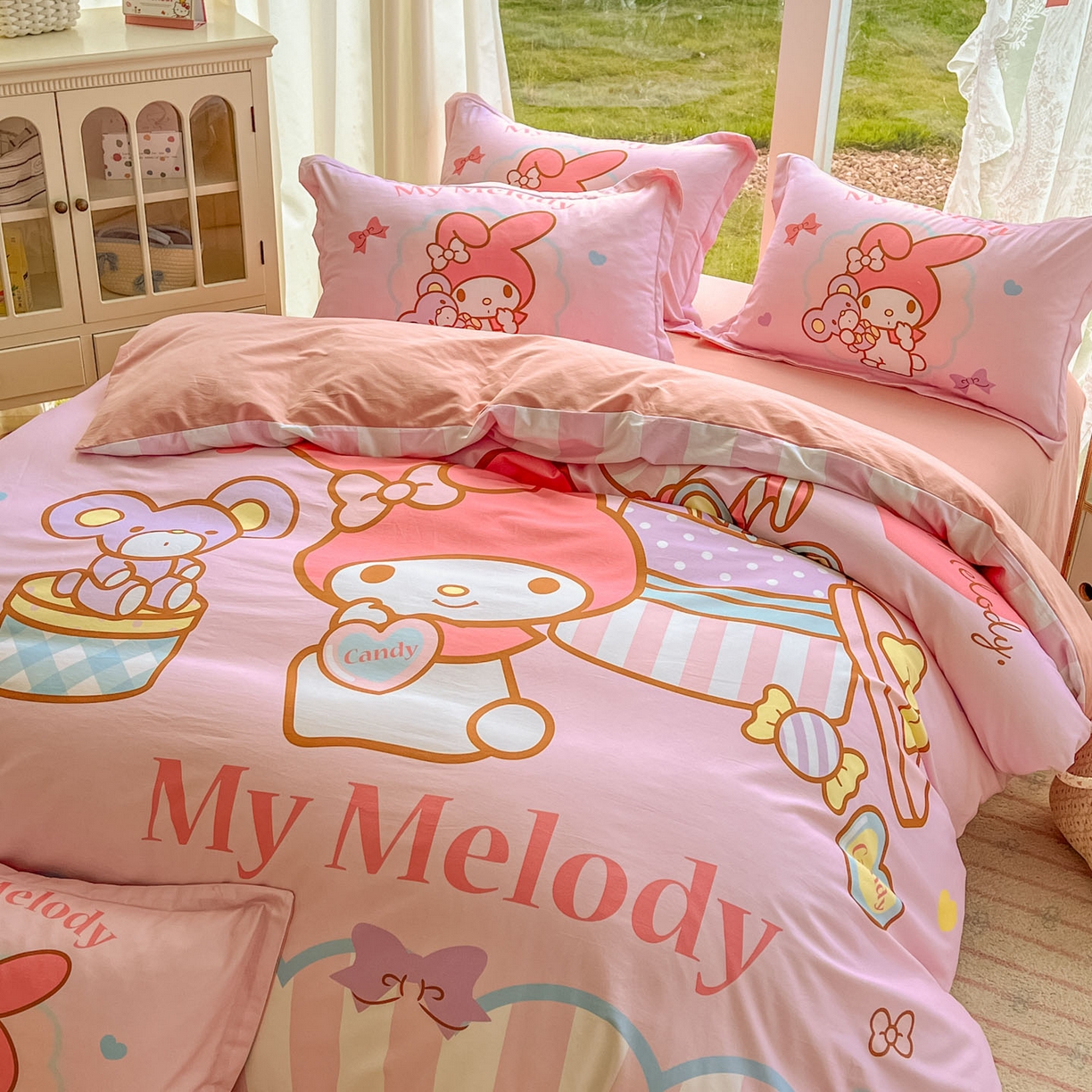 91家纺网 家纺一手货源 找家纺 浩诚 2025新款三丽鸥专版全棉磨毛纯棉四件套 开心美乐蒂