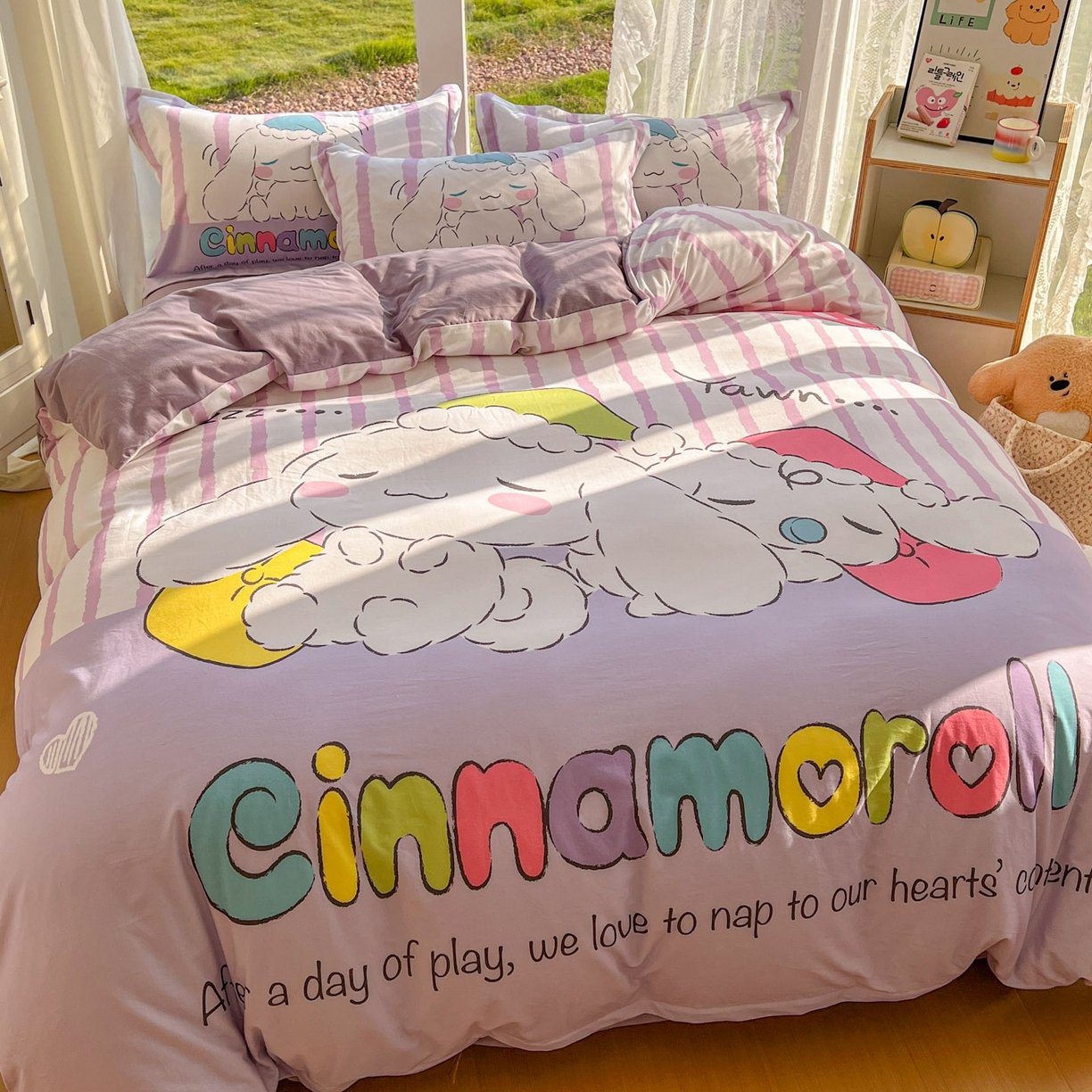 91家纺网 家纺一手货源 找家纺 浩诚 2025新款三丽鸥专版全棉磨毛纯棉四件套 条纹玉桂狗