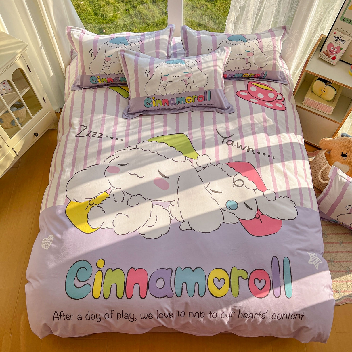 91家纺网 家纺一手货源 找家纺 浩诚 2025新款三丽鸥专版全棉磨毛纯棉四件套 条纹玉桂狗