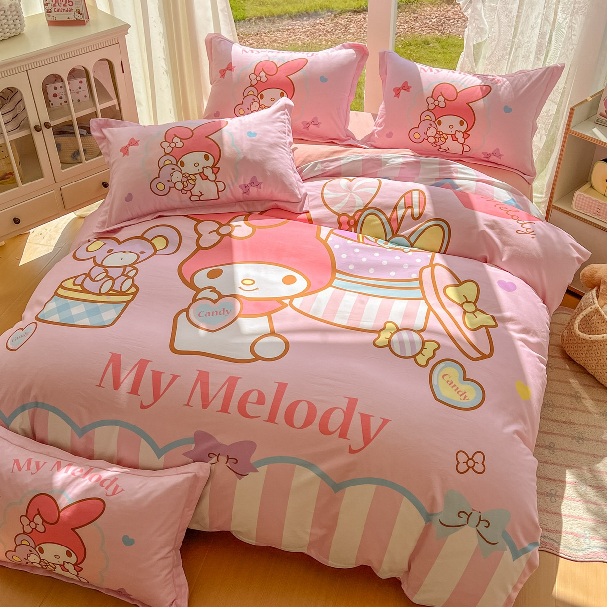 91家纺网 家纺一手货源 找家纺 浩诚 2025新款三丽鸥专版全棉磨毛纯棉四件套 开心美乐蒂