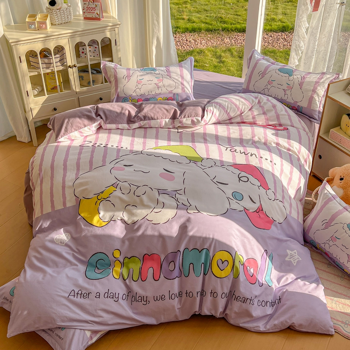 91家纺网 家纺一手货源 找家纺 浩诚 2025新款三丽鸥专版全棉磨毛纯棉四件套 条纹玉桂狗