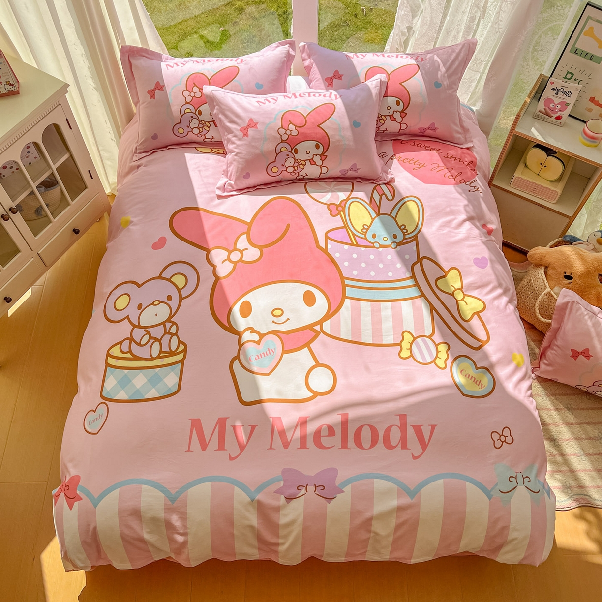 91家纺网 家纺一手货源 找家纺 浩诚 2025新款三丽鸥专版全棉磨毛纯棉四件套 开心美乐蒂