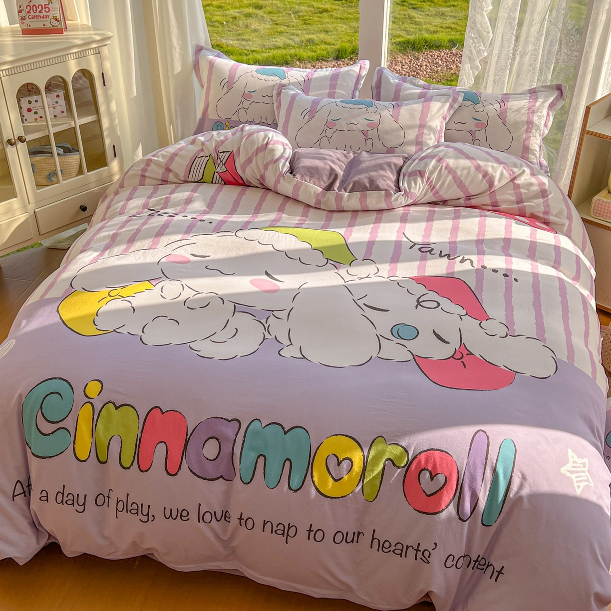 91家纺网 家纺一手货源 找家纺 浩诚 2025新款三丽鸥专版全棉磨毛纯棉四件套 条纹玉桂狗