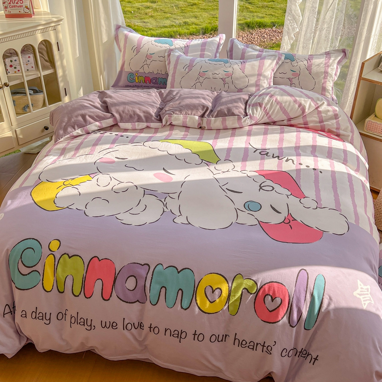 91家纺网 家纺一手货源 找家纺 浩诚 2025新款三丽鸥专版全棉磨毛纯棉四件套 条纹玉桂狗