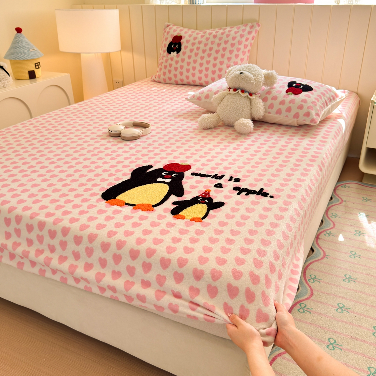 寐居家纺 2025新款毛巾绣牛奶绒床笠 红果果