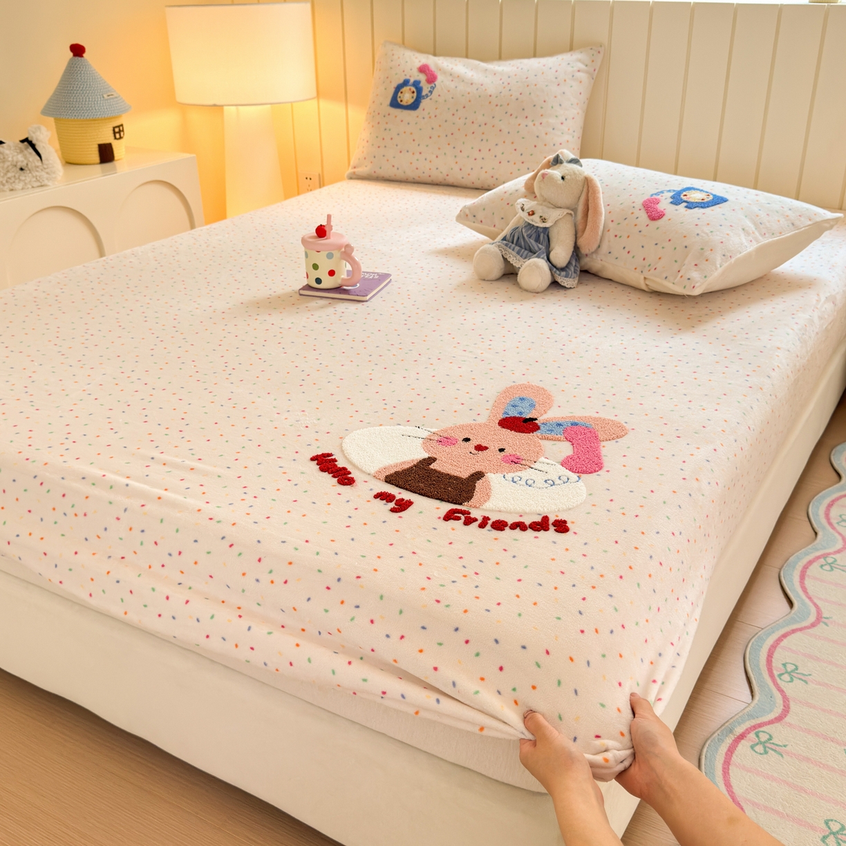 寐居家纺 2025新款毛巾绣牛奶绒床笠 萌兔有约