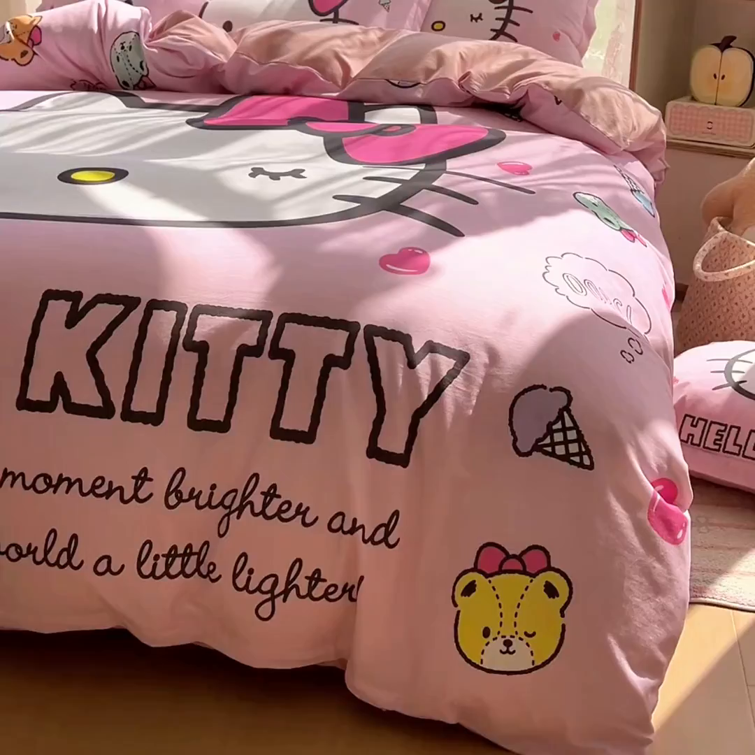 91家纺网 家纺一手货源 找家纺 浩诚 2025新款三丽鸥专版全棉磨毛纯棉四件套 蝴蝶结KT