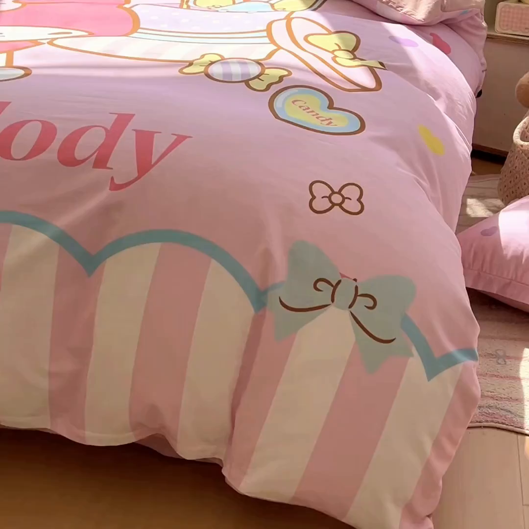 91家纺网 家纺一手货源 找家纺 浩诚 2025新款三丽鸥专版全棉磨毛纯棉四件套 开心美乐蒂