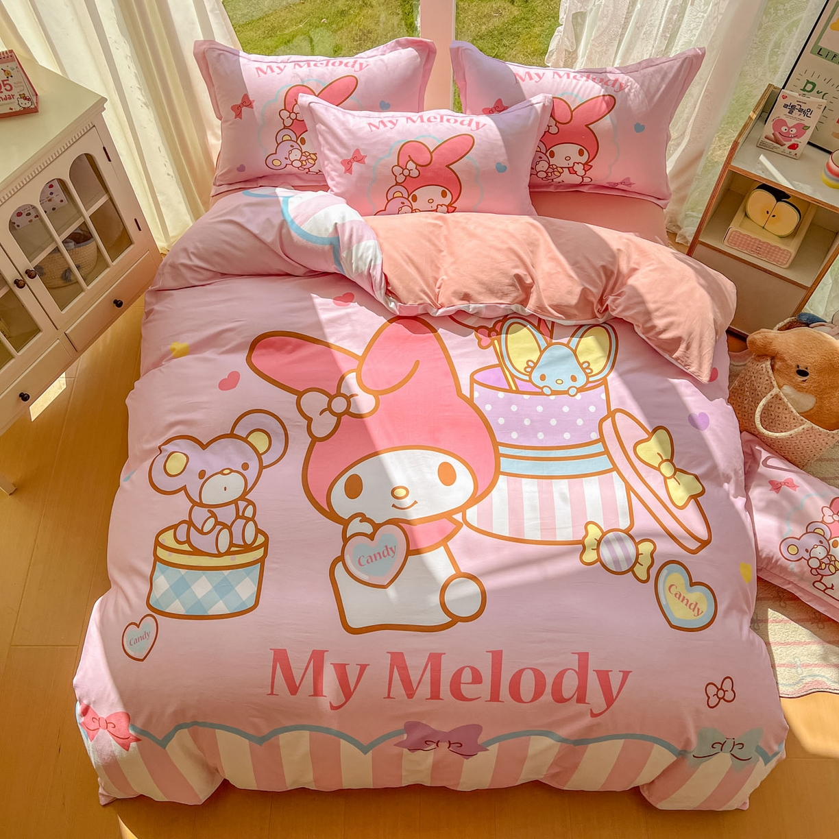 91家纺网 家纺一手货源 找家纺 浩诚 2025新款三丽鸥专版全棉磨毛纯棉四件套 开心美乐蒂